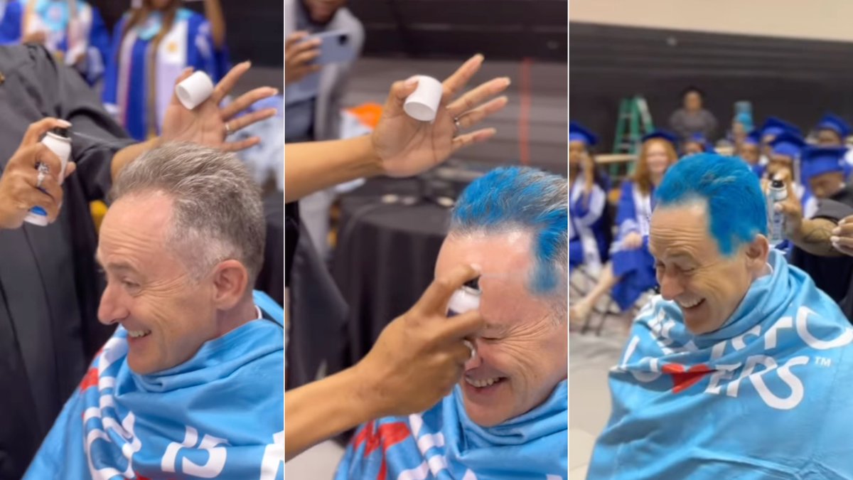 Timeline cleanser: Superintendent Kamras dyed his hair blue this week in honor of John Marshall having a 100% graduation rate for the first time ever
