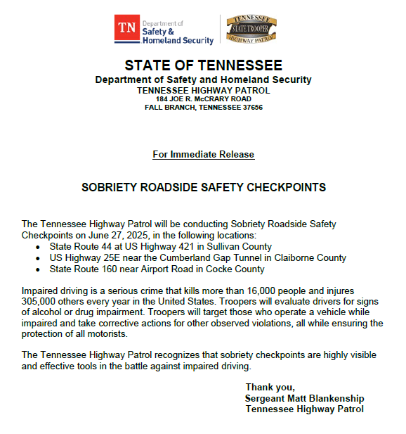THPFallBranch's tweet image. 🔶Please see the notification below regarding an upcoming checkpoint in the Fall Branch district.🔶
#BoozeItAndLoseIt 
#DriveHighGetADUI