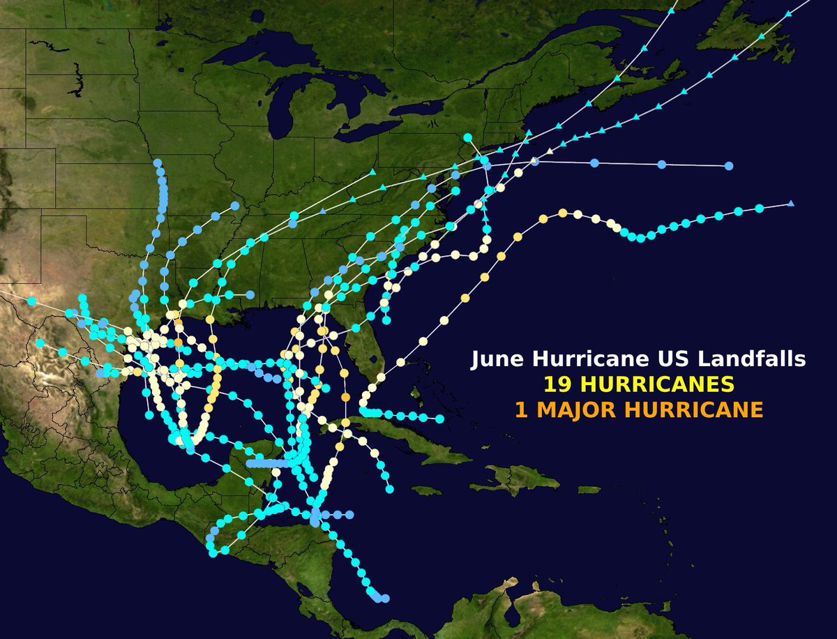 Hurricane landfalls in the US in June aren’t super rare, but it’s been a while!

The most recent June hurricane strike in the US was BONNIE 1986. Our current stretch of 39 years is *by far* the longest stretch without a US landfalling June hurricane (the second longest stretch is