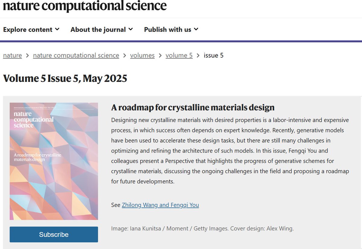 Our work on AI for materials discovery is featured on the cover of the May 2025 Issue of #NatureComputationalScience! 🎉 Congrats to Zhilong, and thanks to the editors for the recognition!

🔗nature.com/natcomputsci/v…

#AI #MaterialsScience 
x.com/NatComputSci/s…