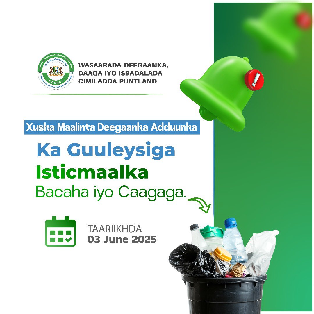🌍 World Environment Day Commemoration Puntland

Awareness events and cleanup campaigns will be held across Puntland cities on June 3, 2025 to promote sustainable practices and combat the use of plastic bags.

#EnvironmentPuntland #WorldEnvironmentDay #ClimateAction #PlasticPollu