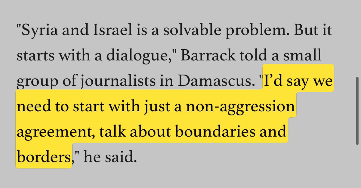 A “non-aggression agreement” was one of two ideas I suggested as a plausible scenario for Israel &amp; Syria, as “adjacent” to the Abraham Accords. Since the Golan for normalization = not possible.

Interesting that it’s now touted as an interim scenario reuters.com/world/middle-e…