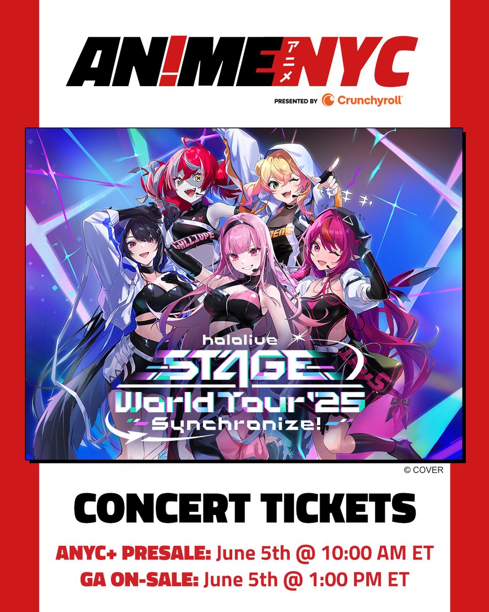 🎶 Anime NYC is proud to host hololive STAGE World Tour ’25 -Synchronize!- @ New York City! 
ANYC+ PRESALE: June 5th @ 10:00 AM ET
GA ON-SALE: June 5th @ 1:00 PM ET 

Badge + Ticket is required to attend this event. 

📷 LEARN MORE: animenyc.com/hololive-synch…

#hololiveSTAGE25
