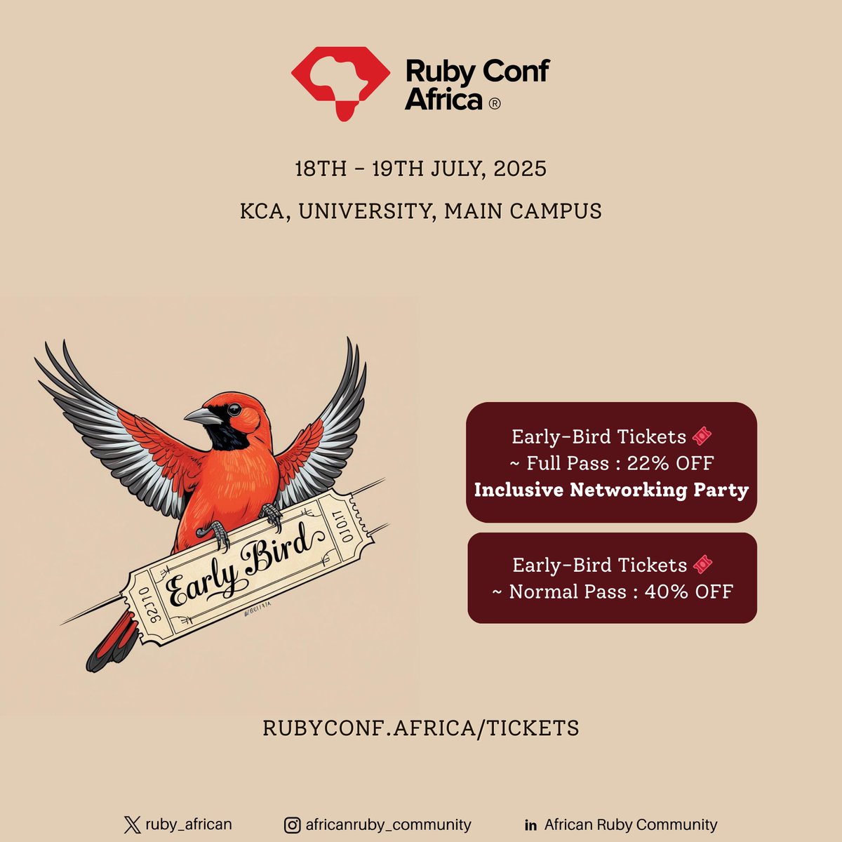 Tick Tock ⏰!!!
50 days to RubyConf Africa 2025!  
🎟️ Grab tickets before they sell out. Link: rubyconf.africa/tickets.html #RubyConf 
#RubyConfAfrica #RubyConfAfrica2025 #africanruby #nairuby