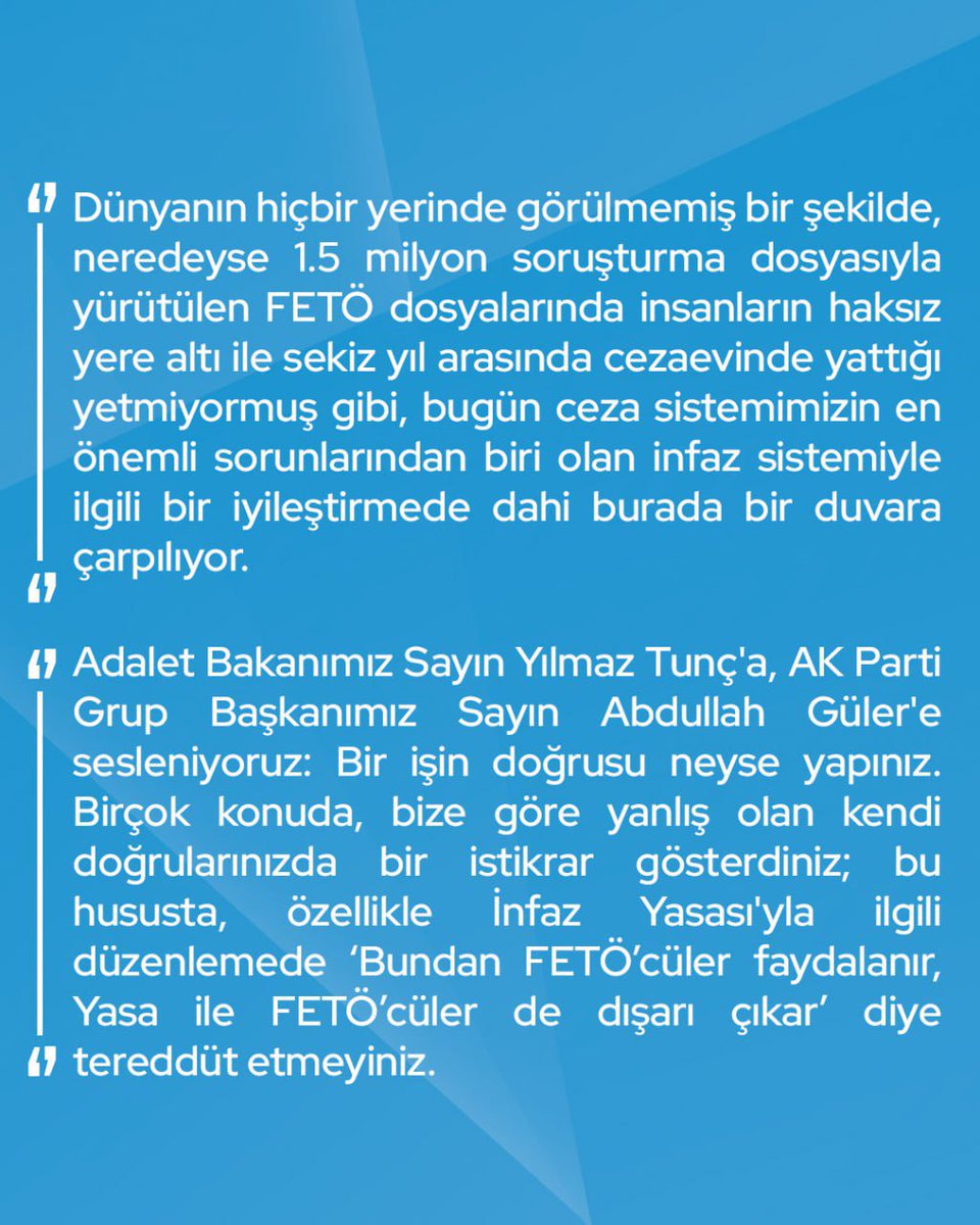 Mehmet Emin Ekmen: "150'ye yakın askerî öğrenci sekiz yıldan fazladır tutuklu.

Devlet kin ve intikam duygusuyla yönetilmez, insanlara temel ilkelerle yaklaşılır.

Adalet Bakanına sesleniyoruz: İnfaz Yasası düzenlemesinde ‘Bundan FETÖ’cüler faydalanır’ diye tereddüt etmeyiniz."