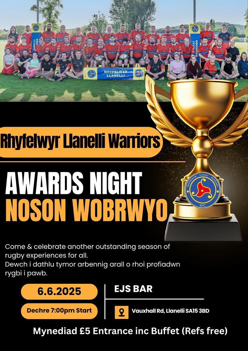GwilLLANELLIWARRIORS (@gwilwarriors) on Twitter photo After a fantastic 29th season we look forward to celebrating with the annual presentation evening.
As ever free entry to all our refs
£5 for anyone else
Looking forward to it 🎉 🥳
<a href="/AllWalesPF/">All Wales People 1st</a> <a href="/AllWalesSport/">All Wales Sport</a> <a href="/rlloydpr/">Robert Lloyd</a> <a href="/DaveRobsRugby/">Dave Roberts</a> <a href="/MencapCymru/">Mencap Cymru</a> <a href="/WRU_Scarlets/">WRU/SCARLETS - UN CYMUNED</a> After a fantastic 29th season we look forward to celebrating with the annual presentation evening.
As ever free entry to all our refs
£5 for anyone else
Looking forward to it 🎉 🥳
<a href="/AllWalesPF/">All Wales People 1st</a> <a href="/AllWalesSport/">All Wales Sport</a> <a href="/rlloydpr/">Robert Lloyd</a> <a href="/DaveRobsRugby/">Dave Roberts</a> <a href="/MencapCymru/">Mencap Cymru</a> <a href="/WRU_Scarlets/">WRU/SCARLETS - UN CYMUNED</a>