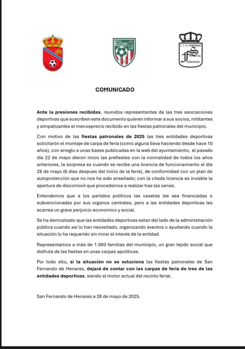 NaranjaSanfer's tweet photo. COMUNICADO OFICIAL | En relación a las medidas adoptadas por el @Ayto_SFH, expresando nuestra disconformidad. https://t.co/3yNH41XRXY