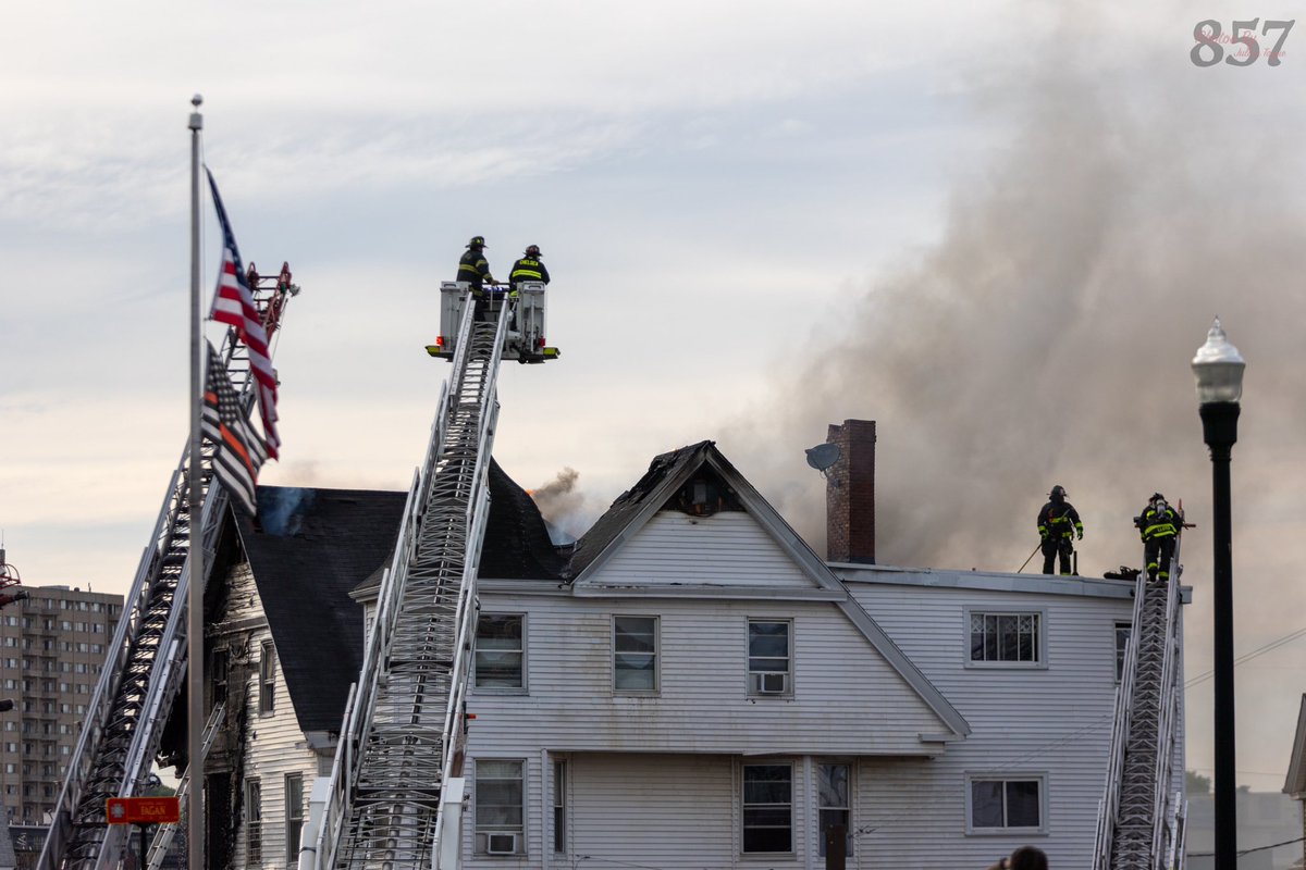 Tail end of a three alarm fire on Ferry St in Malden Yesterday; Firefighters arrived to heavy fire showing from all three floors of the building, which extended into the attic. Crews operated with exterior master streams, knocking down the main body of fire in around an hour.