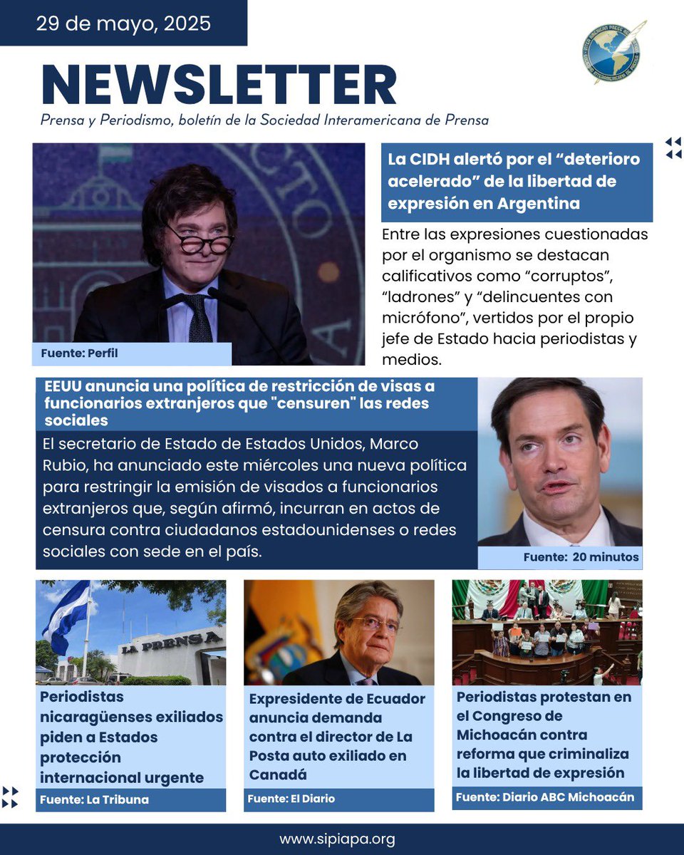 🗞️ Las noticias más relevantes sobre periodismo, libertad de expresión y la industria periodística. 

🔗 Conózcalas en el boletín diario de la SIP 👉🏼constantcontact.us3.list-manage.com/subscribe?u=5c…