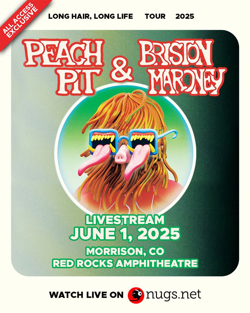 Can’t make it to the Long Hair, Long Life tour in person? Watch the livestream <a href="/peachpitmusic/">Peach Pit</a> and <a href="/BristonMaroney/">Briston Maroney</a>  this Sunday on nugs.net with an All Access subscription 🎥  

We’re so excited to bring the magic of Red Rocks to your home. New to nugs and want to