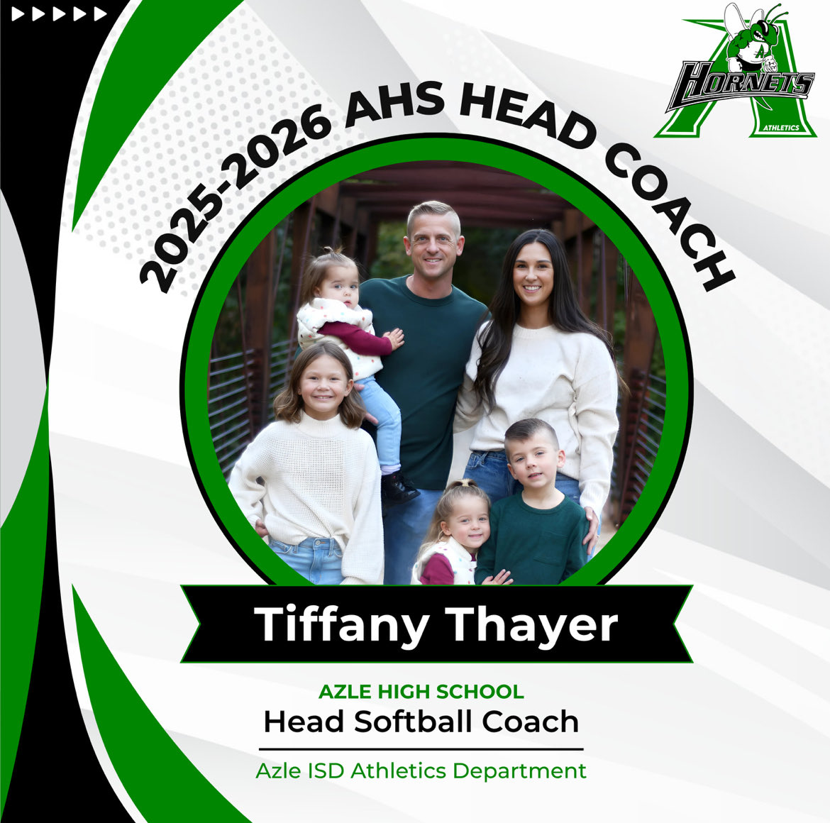 azleathletics's tweet image. ⁦@azleisd⁩ is proud to introduce ⁦@CoachThayer15⁩ as the next Head Softball Coach for our Lady Hornets Softball Team! Welcome Coach Tiffany Thayer and the rest of the Thayer Family! #WeAreAzle #HornetPride