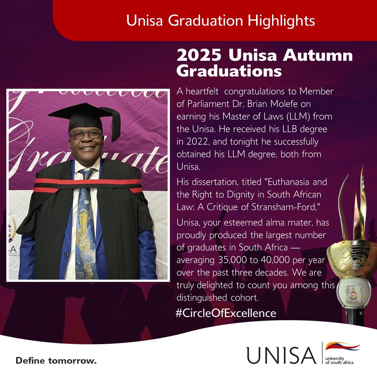 unisa's tweet photo. #2025UnisaGrads | A heartfelt  congratulations to Member of Parliament Dr. Brian Molefe on earning his Master of Laws (LLM) from the Unisa. He received his LLB degree in 2022, and tonight he successfully obtained his LLM degree, both from Unisa. https://t.co/Gbcymr83wY