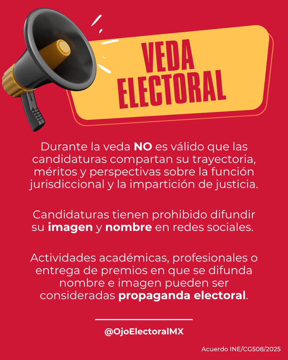 🚨 El pasado domingo 25 de mayo, en respuesta a diversas consultas, el <a href="/INEMexico/">@INEMexico</a> delimitó las reglas sobre la #VedaElectoral en la #ElecciónJudicial.

Te contamos lo que resolvió el INE. ⤵️