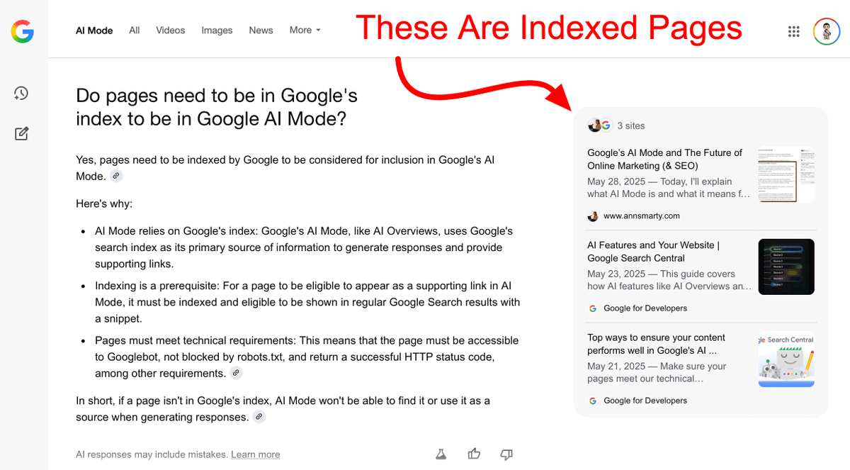rustybrick's tweet photo. Google must index your page to be shown as a link in Google AI Mode https://t.co/t7zFcBqG11 via @johnmu https://t.co/MzqpgENoe4