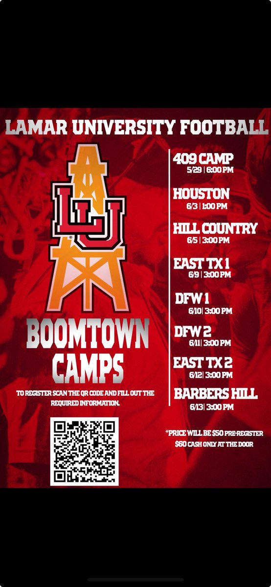 I will be <a href="/LamarFootball/">Lamar University Football</a> camp today! Looking forward to going out there and competing! 
#Boomtown #recruitHawknation
<a href="/Coach_Cannata/">Matt Cannata</a> <a href="/CoachRossomando/">Peter Rossomando</a> <a href="/Coach_ZBass/">Zach Bass</a>