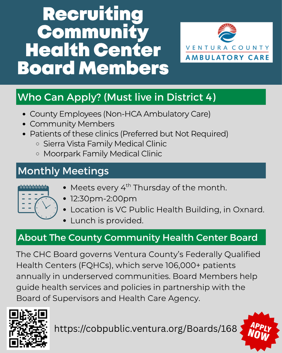 📣 Live in Ventura County’s District 4? We're recruiting Community Health Center Board Members! Help shape local healthcare policies + serve 106,000+ patients.
🗓 Meets monthly in Oxnard
🍽 Lunch provided
🔗 Apply: cobpublic.ventura.org/Boards/168
🔗 Link in bio!
#VenturaCounty #CHCBoard