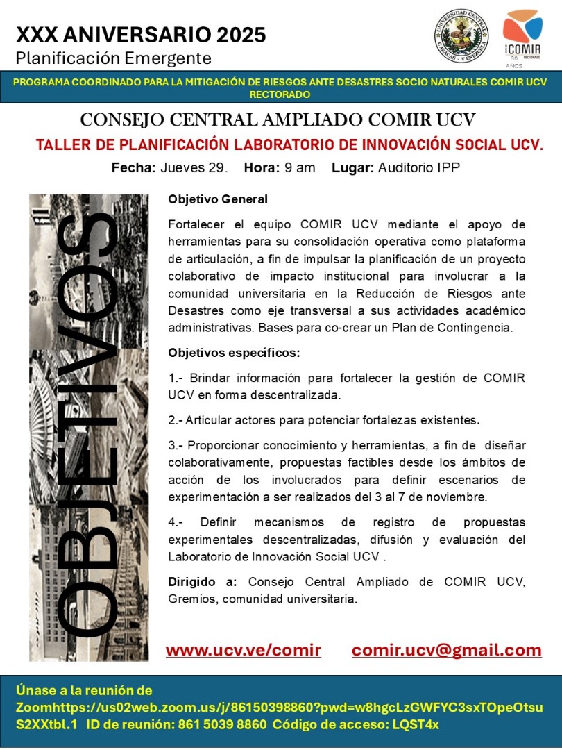COMIR_UCV's tweet photo. Toda la Información del #taller de planificación para el #laboratoriodeinnovacionsocial de la #ucv 🛡 #plandecontingencia ante los riesgos emergentes 💥 #XXXaniversarioComir https://t.co/BBFnil4bAm