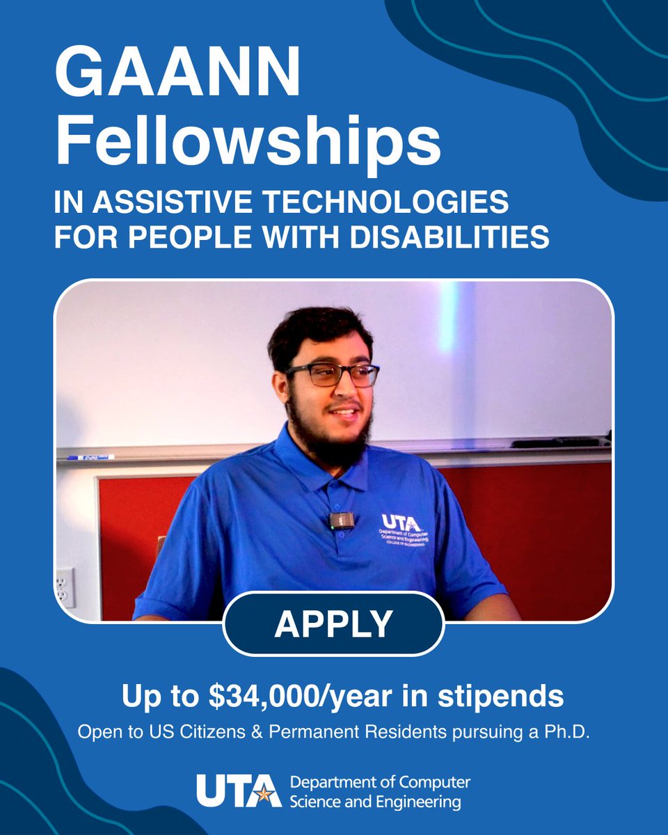 cseuta's tweet image. Pursuing a Ph.D. in Computer Science &amp;amp; Engineering at UTA? Apply for the GAANN Fellowship in Assistive Technologies. U.S. Citizens/PRs eligible. 
🔗 bit.ly/GAANN-UTA
#PhDOpportunity #GAANN #AssistiveTech