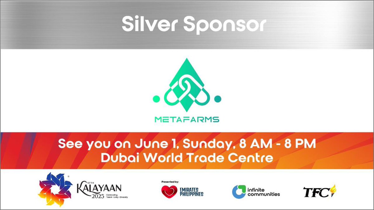 MetaFarms is leveling up Kalayaan 2025 
 as a Silver Sponsor! 

Catch us at Dubai World Trade Center on June 1 for a demo of our #Metaverse game - play, connect, and celebrate the Filipino spirit!

#Kalayaan2025 #EmiratesLovesPhilippines #TFC #InfiniteCommunities #VivaOne