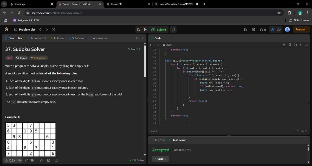 _a_m_i_t_1's tweet image. Day 342 of #360DaysOfCode

Sudoku Solver. Solved using Backtracking.

#DSA
