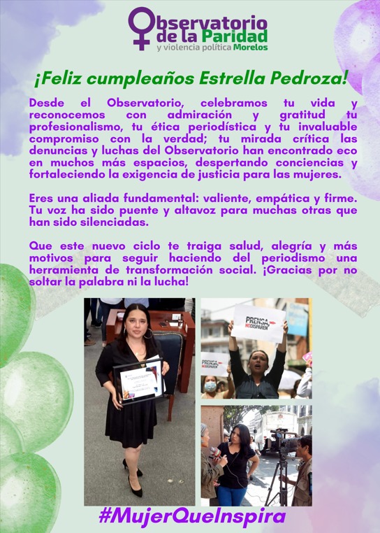 ParidadMorelos's tweet photo. Hoy todas las integrantes de este Observatorio queremos celebrar con felicidad un año más de vida de nuestra aliada @ETUA29.

Gracias a tu mirada crítica y tu sensibilidad el Observatorio han encontrado eco en muchos más espacios, despertando conciencias. 

 #MujerQueInspira https://t.co/9qIJDrDaHj