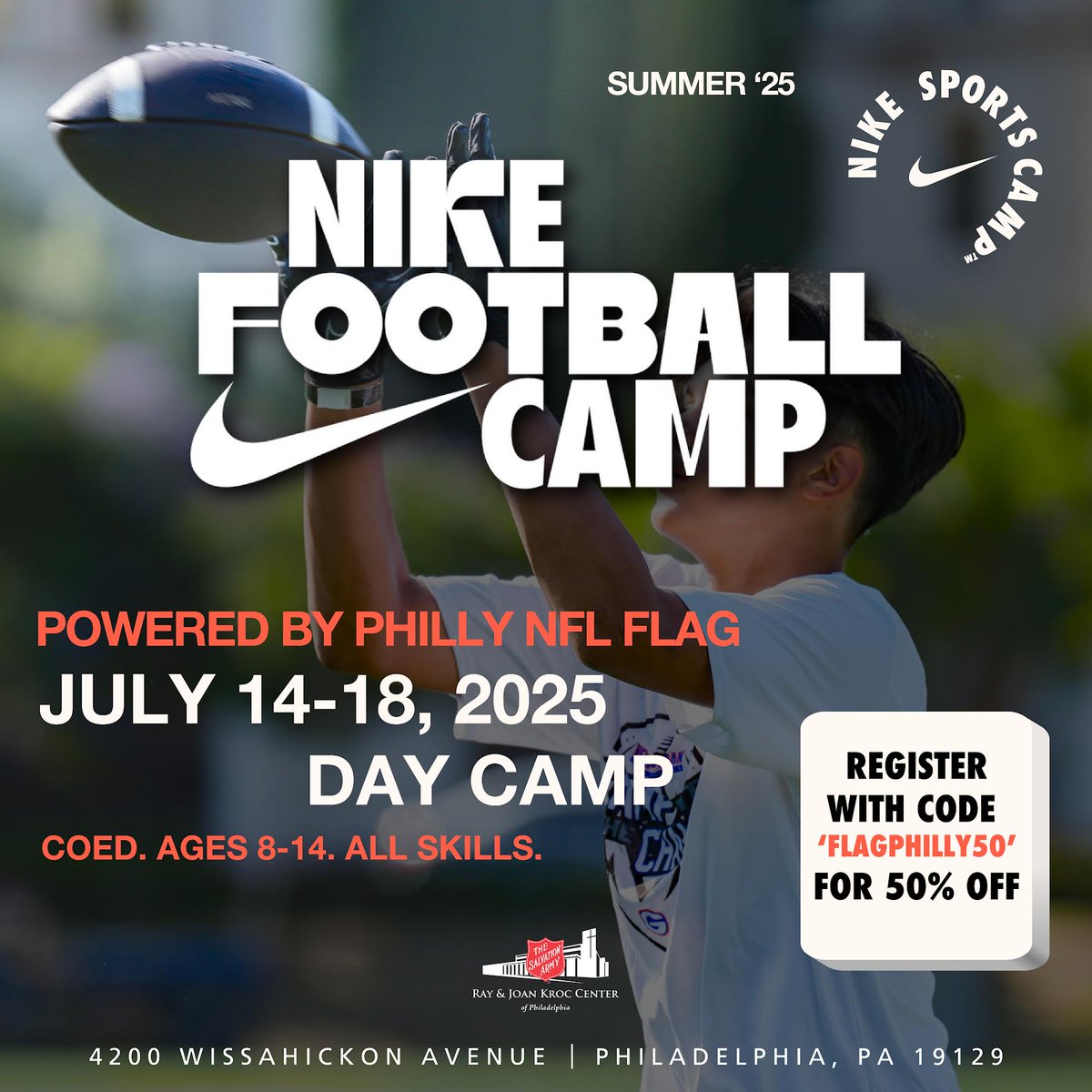 The Nike Flag Football Sports Camp, powered by NFL Flag, is coming to the Salvation Army Kroc Center in Philadelphia from July 14–18! 🏈

The first 20 Kroc members that register with the code "FLAGPHILLY50" will receive 50% off the registration price!

ussportscamps.com/flag-football/…