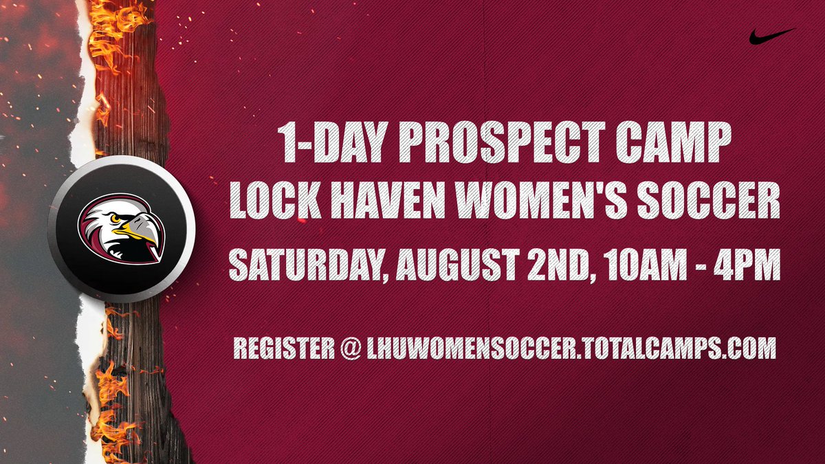 🚨Our only Prospect Camp of the summer is August 2nd. Spend the day on campus with Lock Haven Coaches, players, and get a first-hand look at our program!   Register before July 1st and save 25%.   

lhuwomensoccer.totalcamps.com/About%20Us
 #soccer #futbol #collegesoccer #recruitment