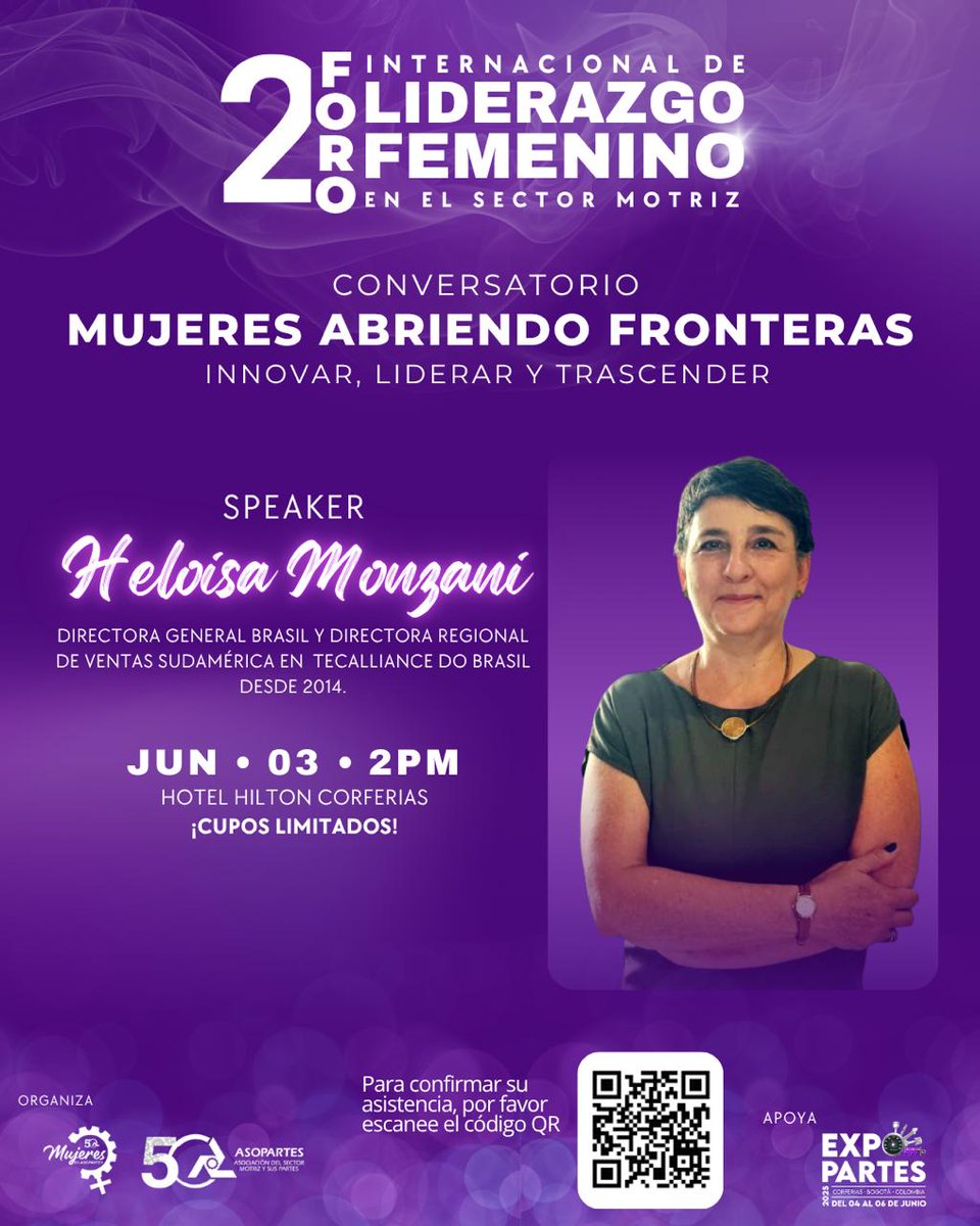 👩‍💼 México, Brasil y Colombia se unen en el 2.º Foro Internacional de Liderazgo Femenino en #EXPOPARTES2025.
📅 Junio 3 | 🕑 2:00 p.m. | 📍 Hilton Corferias
💜 ¡El motor de la industria también late con liderazgo!

#HacemosLatirElMotor #LiderazgoFemenino #Asopartes50Años