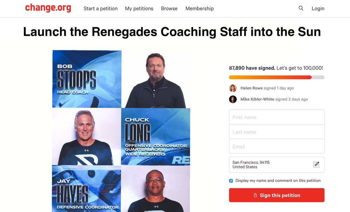 UFLdaily's tweet image. Arlington Renegades fans have started a change.org petition to fire their coaching staff (into the sun) #UFL