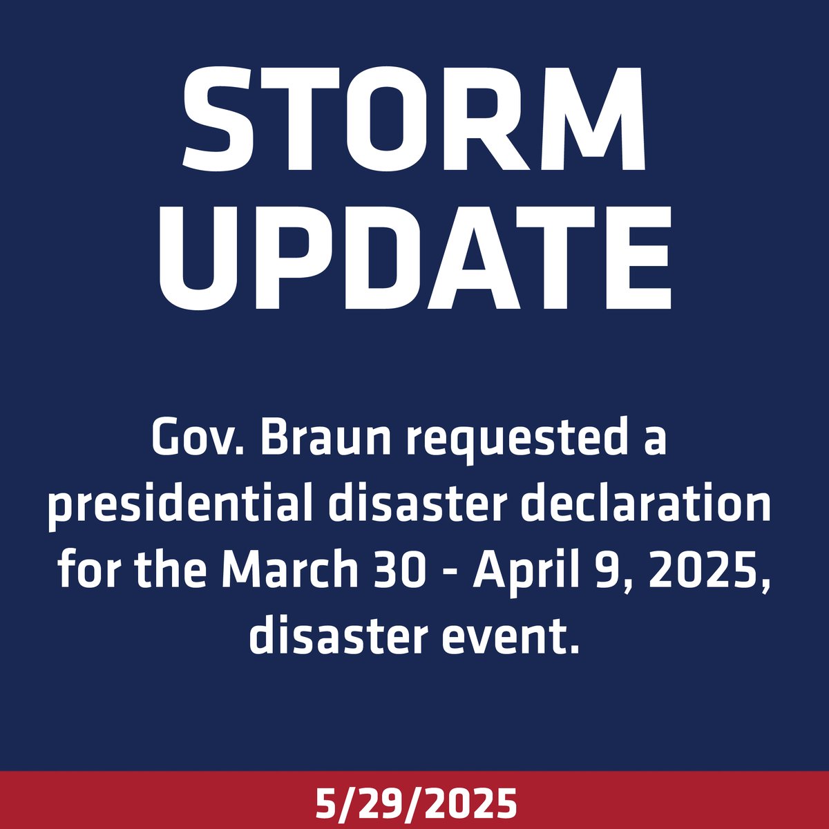 On May 28, Governor Mike Braun requested a presidential disaster declaration through FEMA for federal assistance related to the March 30 - April 9, 2025, disaster event. FEMA will review the request and send it to President Trump with a recommendation. 
in.gov/dhs/news/press…