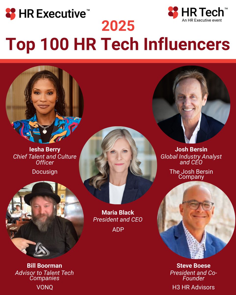 As we unveil this year’s Top 100 HR Tech Influencers, we're celebrating those who are pushing the boundaries of what’s possible.

Here are just a few standout leaders making an impact across the industry 👉 Iesha Berry, <a href="/Josh_Bersin/">Josh Bersin</a>, @billboorman,  <a href="/SteveBoese/">Steve Boese</a>.
#HRTech
