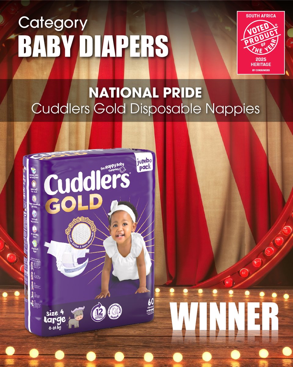 PoYAwards's tweet image. 👶 Gold standard for tiny humans.
@CuddlersNappies Gold Disposable Nappies clinch the top spot in the Baby Diapers Category.
More comfort. More absorbency. More smiles. South African parents, you chose gold.
#POYSA