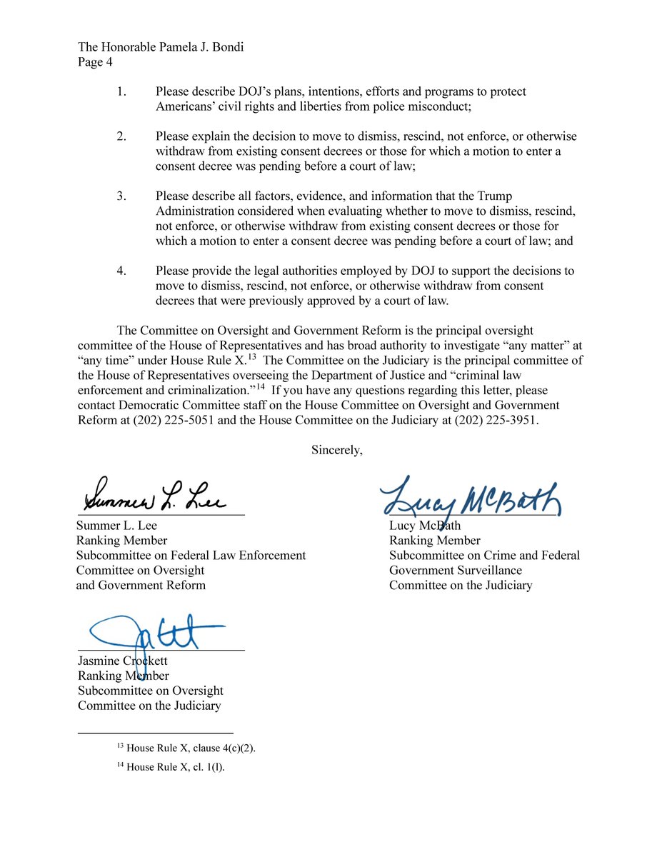 Oversight Committee Democrats (@oversightdems) on Twitter photo The Trump Administration is dismissing consent decrees with local law enforcement agencies, effectively removing federal oversight of police departments accused of civil rights abuses.
<a href="/RepSummerLee/">Rep. Summer Lee</a>, <a href="/RepJasmine/">Congresswoman Jasmine Crockett</a>, and <a href="/RepLucyMcBath/">Rep. Lucy McBath</a> are demanding the DOJ reverse course. The Trump Administration is dismissing consent decrees with local law enforcement agencies, effectively removing federal oversight of police departments accused of civil rights abuses.
<a href="/RepSummerLee/">Rep. Summer Lee</a>, <a href="/RepJasmine/">Congresswoman Jasmine Crockett</a>, and <a href="/RepLucyMcBath/">Rep. Lucy McBath</a> are demanding the DOJ reverse course.