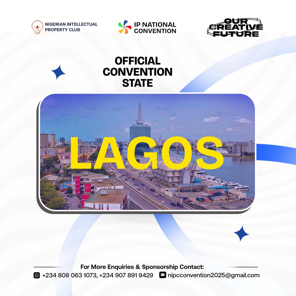 Nigerian_ipclub's tweet photo. π¨ Itβs official: LAGOS is the host city for the IP National Convention 2025!
Weβre bringing the future of IP, creativity & innovation to the city that never sleeps! π₯
Follow us for live updates, speaker reveals & event announcements.
#IPCON2025 #OurCre8tiveFuture https://t.co/WjtYwnLMkU