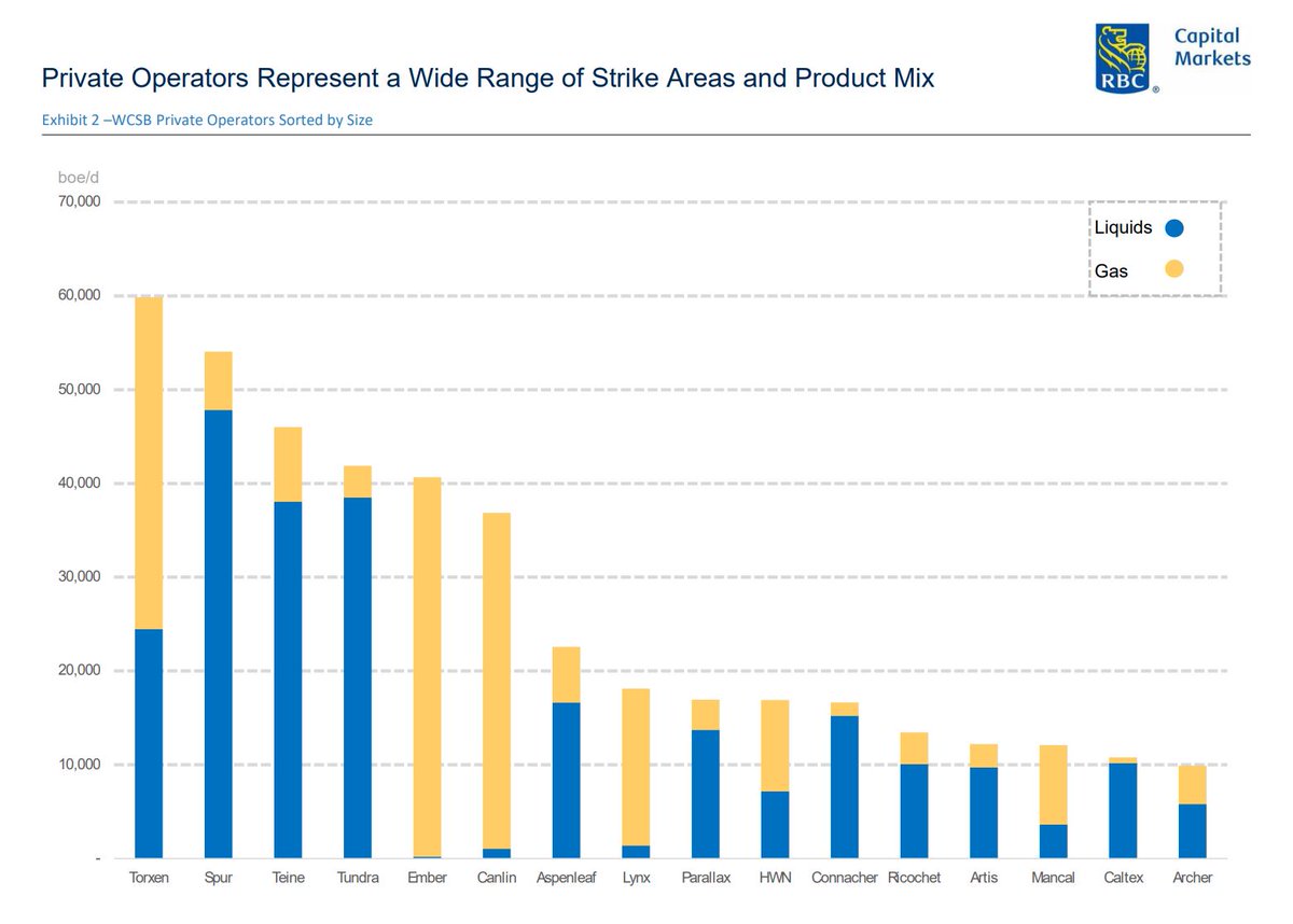 RBCCM just put out real nice research paper on all the oil and gas private operators in Canada 👏👏

- over  30 pages of data  - you don't see this every often but sometime to watch -

Here are a couple graphs of operators
but great paper to check out 

 #com #oott $cnq $tou