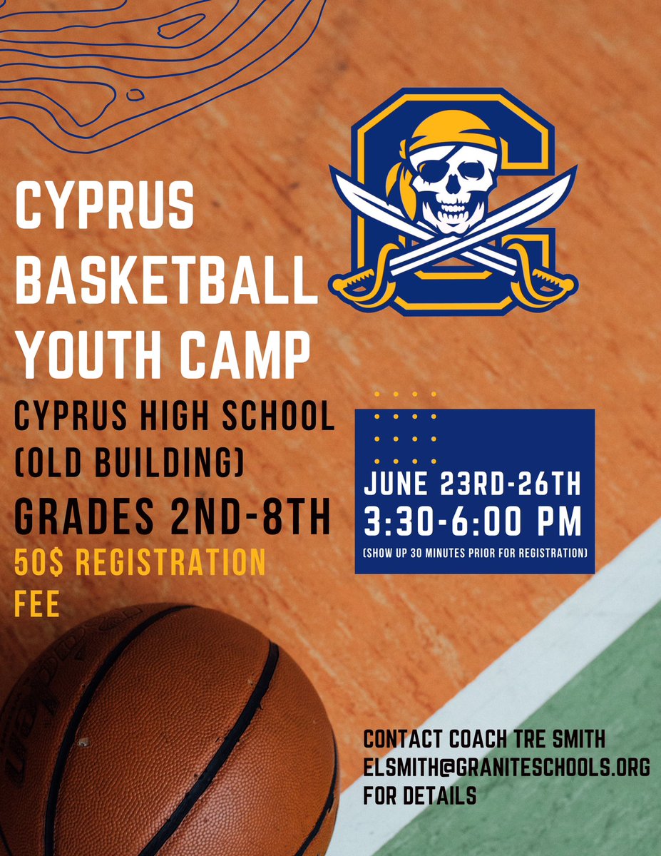 Tre Smith (@3tre_dayyy3) on Twitter photo ๐จ Cyprus Basketball Youth Camp๐จ
Registration: You can register prior to the camp by going into see our Bookkeeper (Audrey) or you can show up 30 min prior on the first day of camp!
Please like and retweet! Looking forward to seeing the future pirates in our community
๐ดโโ ๏ธ๐ดโโ ๏ธ๐ดโโ ๏ธ ๐จ Cyprus Basketball Youth Camp๐จ
Registration: You can register prior to the camp by going into see our Bookkeeper (Audrey) or you can show up 30 min prior on the first day of camp!
Please like and retweet! Looking forward to seeing the future pirates in our community
๐ดโโ ๏ธ๐ดโโ ๏ธ๐ดโโ ๏ธ