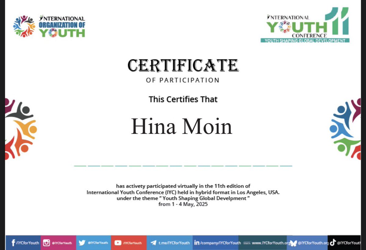 HINATALIB1's tweet photo. Grateful to have received my #IYC11 certificate! Huge thanks to @iycforyouth &amp; partners for an inspiring experience on youth-led solutions for global change. Excited for #IYC12 in NYC during #UNGA80! 

#YouthLeadership #Innovation #ClimateAction #DigitalTransformatio https://t.co/mRR57A5biH
