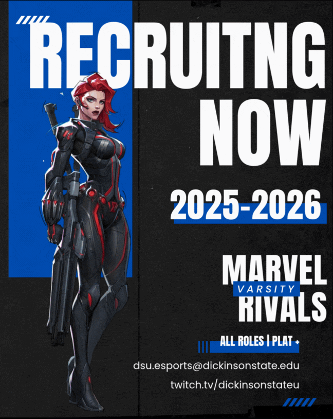 Our newest offering to the line-up!

DSU Esports is recruiting for Marvel Rivals for the 2025-2026 school year, with scholarships available for athletes! Want to swing into action? Head to bluehawkesports.com or email the contact on screen for more! #hawksareup