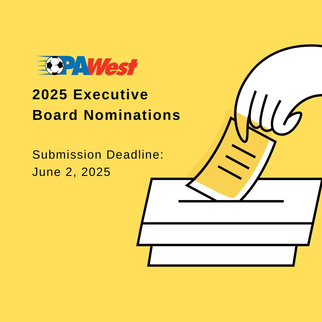 Nominations are sought for the 2025 PA West Soccer Executive Board elections!

The deadline for a candidate to submit the required information to the Nominating Committee is June 2, 2025.

For more information, visit pawest-soccer.org/news/2025/05/1….