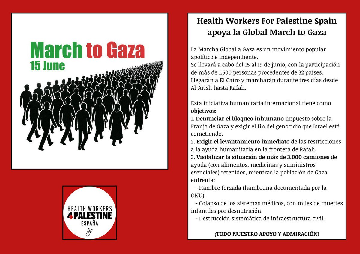 🚩Total APOYO de #HW4PS a la "Global March to #Gaza"
👉🏼 Si puedes, apúntate!!
 🇵🇸✊🏽 🥾👟🩺🏥🚑💊🇵🇸
🚩Full #HW4PS SUPPORT for the "Global March to #Gaza"
👉🏼 If you can go, don't miss it !! 🇵🇸✊🏽🥾👟👞🚑🏥