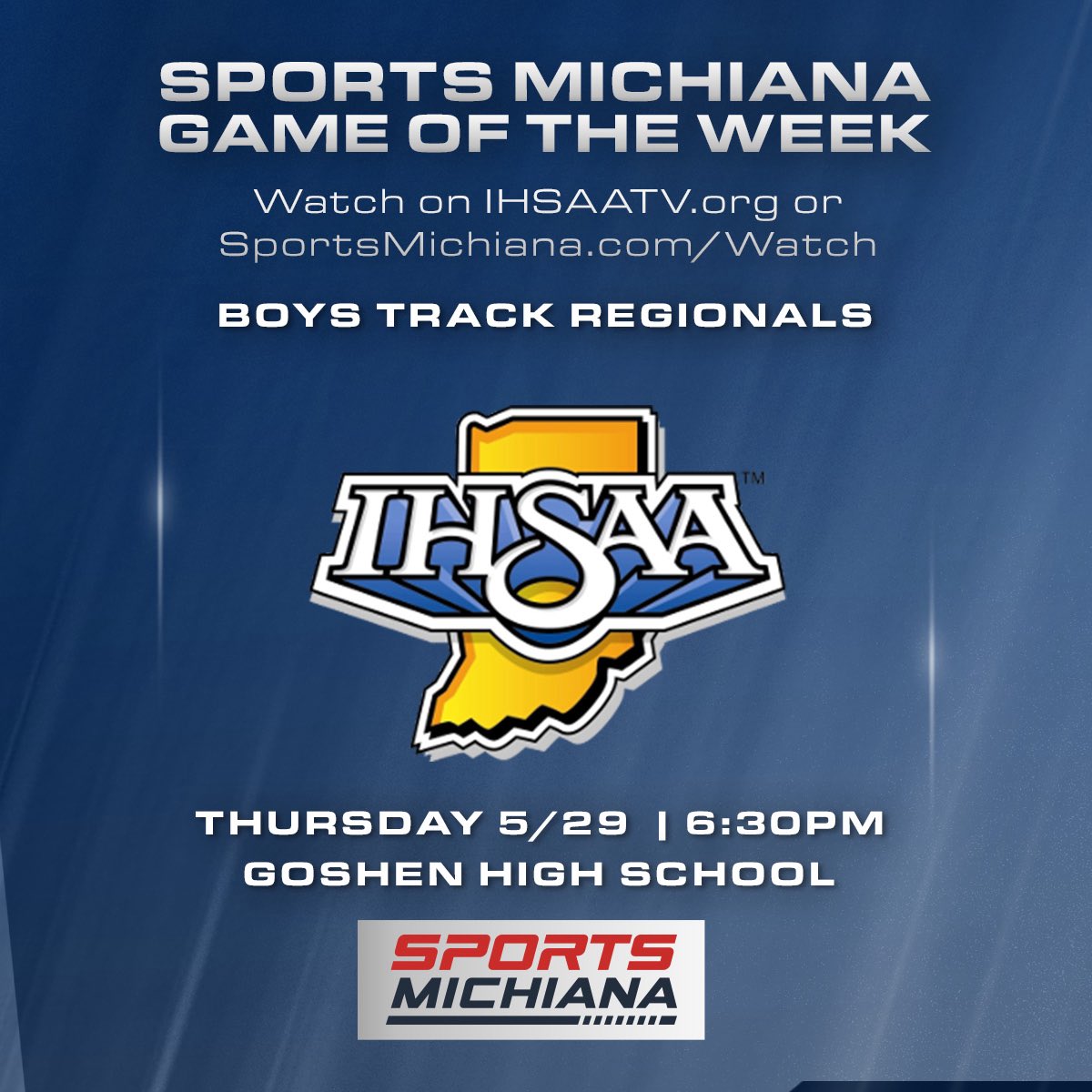 BOYS TRACK REGIONALS TONIGHT!

Direct link to watch: ihsaatv.org/sportsmichiana…

Coverage begins at 6:30pm from <a href="/GoshenSchools/">Goshen Schools</a>.

You can also go to sportsmichiana.com/watch and it will re-direct you to the page to watch.

Spread the word!