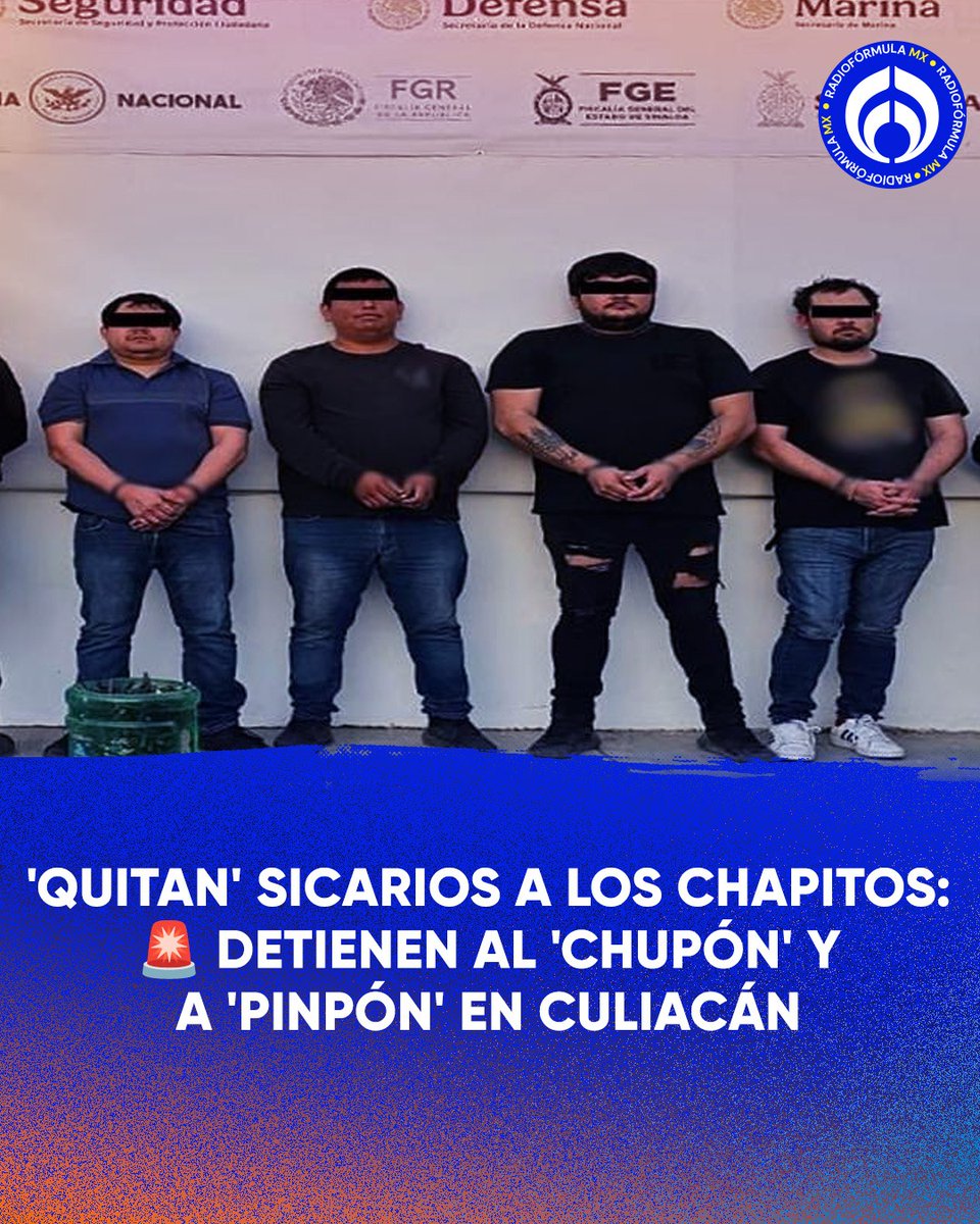 Radio_Formula's tweet photo. 🚨 ‘Quitan’ sicarios a ‘Los Chapitos’: A tan sólo unos días de que autoridades federales abatieron a ���El Perris’, la agrupación criminal recibe otro golpe con la detención de Moisés Barraza “El Chupón” y Noe Moreno, mejor conocido como “Pinpón”, así como otros dos integrantes. ❌

🚓 Durante la detención, autoridades les aseguraron cuatro armas largas ocultas, entre ellas una submetralladora de fabricación Belga, así como cuatro chalecos balísticos, 18 cargadores, una cubeta con dispositivos ponchallantas y cinco celulares.

🔗 Acá toda la información: https://t.co/dqfvyVtvGc