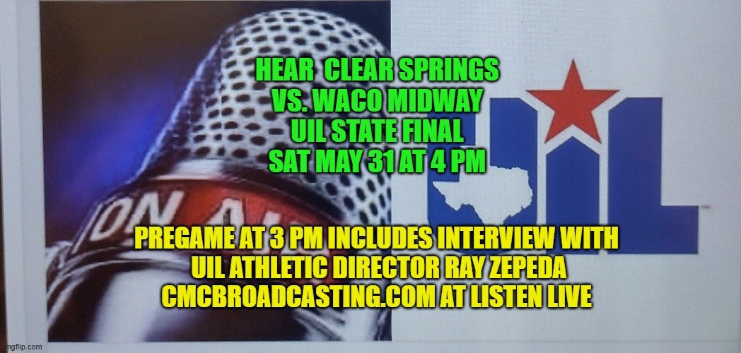 Charles McCullough (@cmcbroadcasting) on Twitter photo BREAKING On Air Saturday : <a href="/SpringsSoftball/">CSHS Softball</a> vs. <a href="/midwaysoftball1/">Midway Softball</a> State Final Sat May 31 at FOUR p.m. cmcbroadcasting.com at Listen Live PREGAME SHOW THREE p.m. includes interview w/ Coach Raymond Zepeda, Director of Athletics, UIL. <a href="/HellontheRed/">Michael DeBondt</a> <a href="/HashawJenna/">Jenna Hashaw (2025-LHP/1st base/Power Hitter)</a> <a href="/KaliMinteer/">Kali minteer</a> BREAKING On Air Saturday : <a href="/SpringsSoftball/">CSHS Softball</a> vs. <a href="/midwaysoftball1/">Midway Softball</a> State Final Sat May 31 at FOUR p.m. cmcbroadcasting.com at Listen Live PREGAME SHOW THREE p.m. includes interview w/ Coach Raymond Zepeda, Director of Athletics, UIL. <a href="/HellontheRed/">Michael DeBondt</a> <a href="/HashawJenna/">Jenna Hashaw (2025-LHP/1st base/Power Hitter)</a> <a href="/KaliMinteer/">Kali minteer</a>