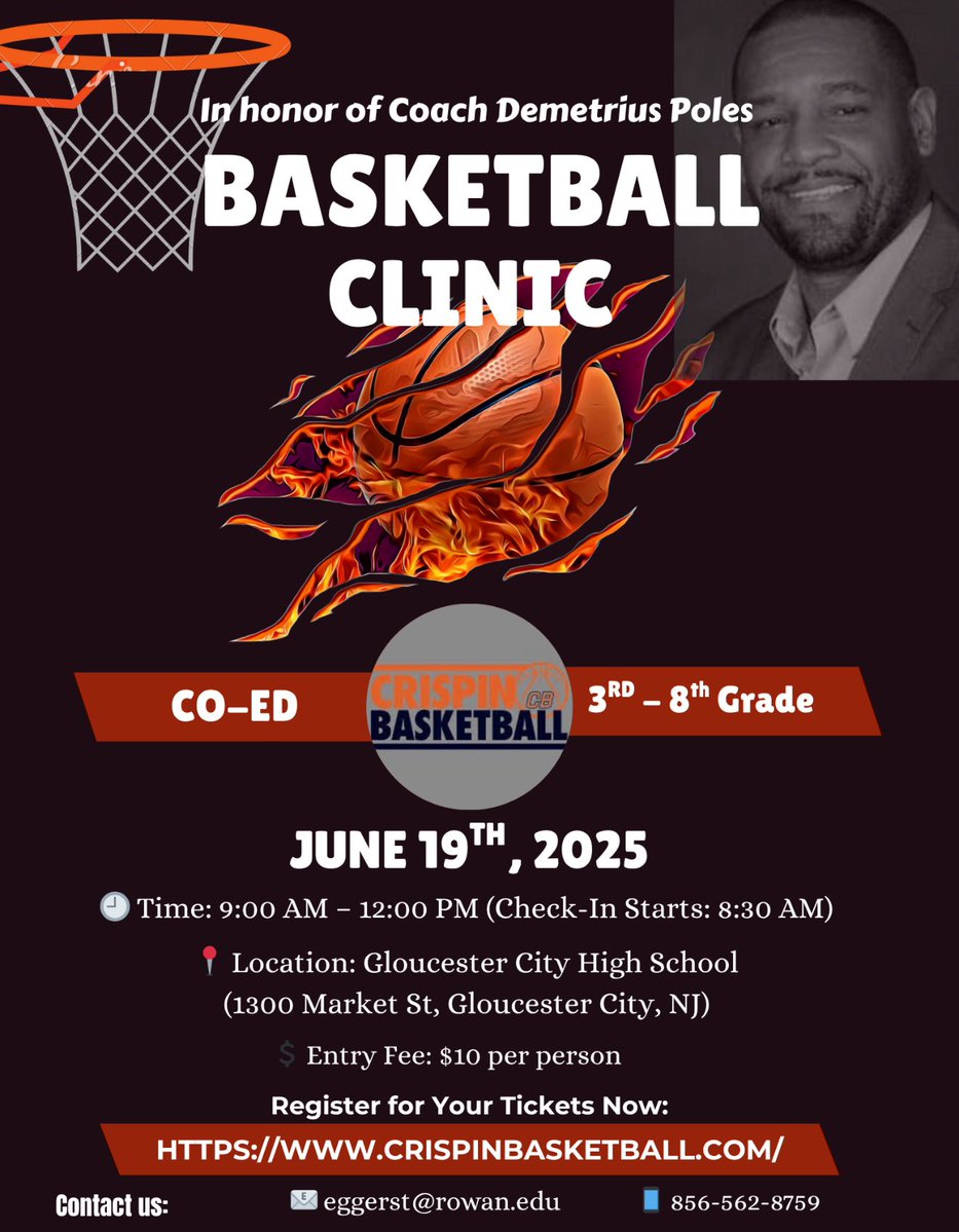 Torie Eggers (@eggerstorie) on Twitter photo Sign up today to be part of a special clinic honoring the legacy of Coach Demetrius Poles. All proceeds will go toward a scholarship fund in his name, helping young athletes play AAU <a href="/CrispinBball/">Crispin Basketball</a> <a href="/RowanAthletics/">Rowan Athletics</a> Sign up today to be part of a special clinic honoring the legacy of Coach Demetrius Poles. All proceeds will go toward a scholarship fund in his name, helping young athletes play AAU <a href="/CrispinBball/">Crispin Basketball</a> <a href="/RowanAthletics/">Rowan Athletics</a>