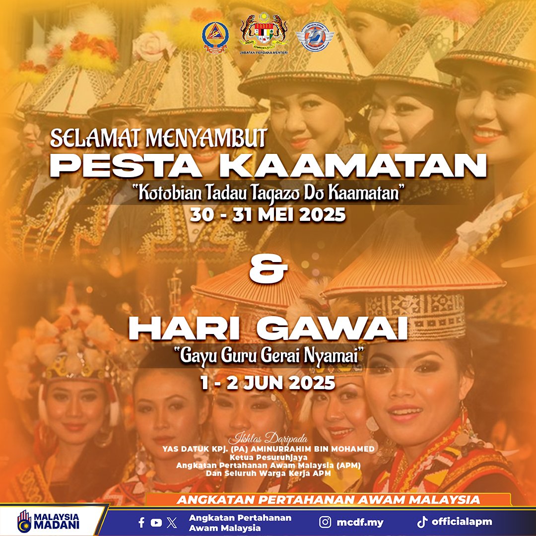 Angkatan Pertahanan Awam Malaysia Official (@apmtwiter) on Twitter photo #KEPIMPINAN
Seluruh warga kerja APM ingin mengucapkan Selamat Menyambut Pesta Keamatan dan Hari Gawai kepada seluruh rakyat Malaysia khususnya bagi masyarakat di negeri Sabah dan Sarawak yang menyambutnya dengan meriah pada setiap tahun.
<a href="/jpmgov_/">Jabatan Perdana Menteri</a> #KEPIMPINAN
Seluruh warga kerja APM ingin mengucapkan Selamat Menyambut Pesta Keamatan dan Hari Gawai kepada seluruh rakyat Malaysia khususnya bagi masyarakat di negeri Sabah dan Sarawak yang menyambutnya dengan meriah pada setiap tahun.
<a href="/jpmgov_/">Jabatan Perdana Menteri</a>
