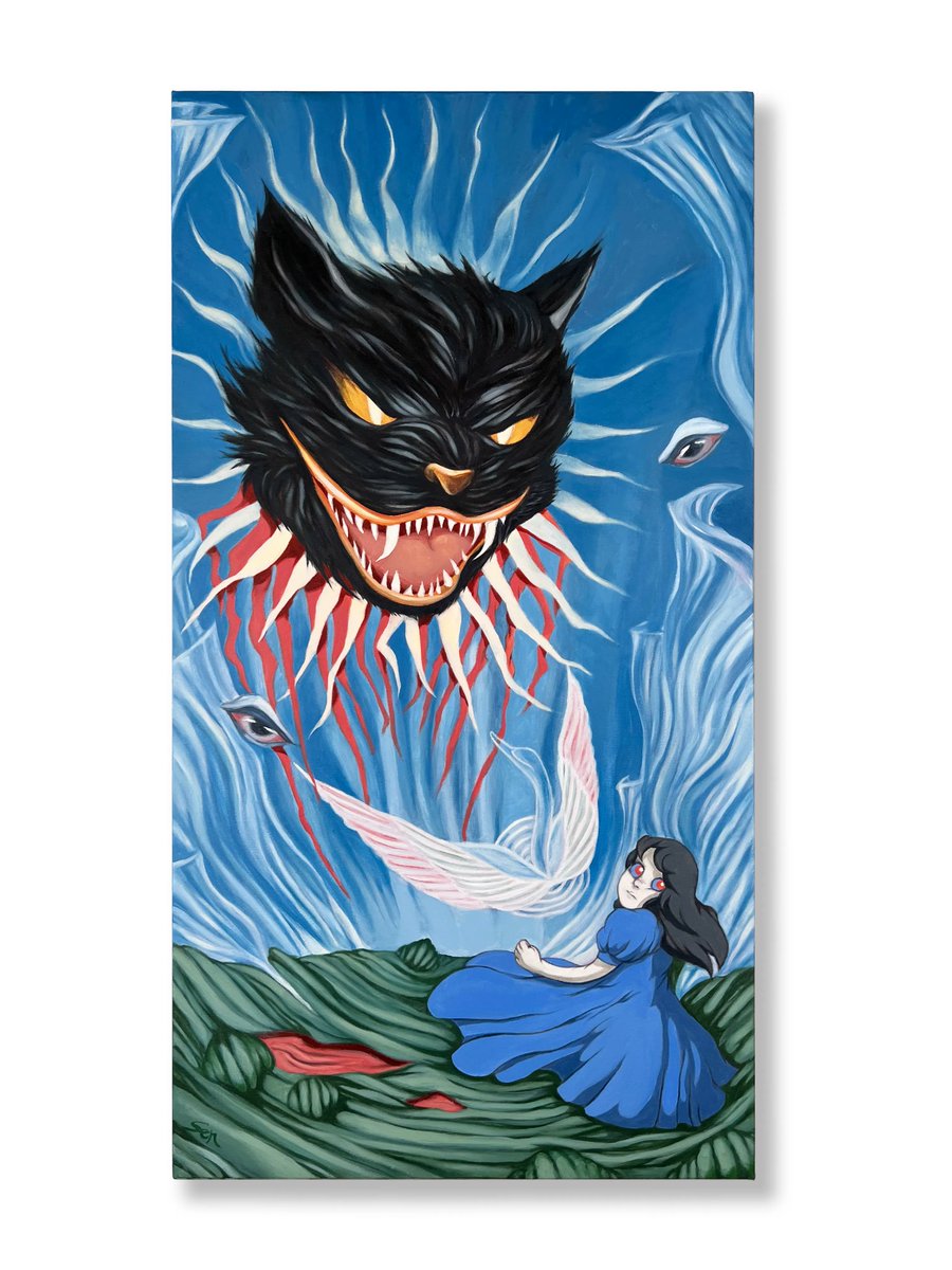 His screeching voice boomed over her.
A familiar girl.
Menacing and sarcastic.
Then a ghostly spirit unfolded between them. It's wings spread as if to protect; glowing, wispy, tendrils of light.
A surreal internal battle ensues.
The work externalizes emotional turmoil as mythic