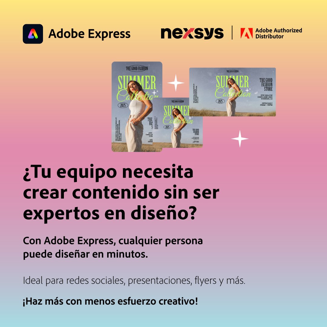 NexsysPeru's tweet photo. ¡Impulsa tu creatividad sin romper el presupuesto!🚀🎨 
Con Adobe Express + Nexsys, tu equipo puede crear contenido profesional por solo $20 USD por licencia.
📲 Activa tu licencia aquí 👉 https://t.co/2DcAQeqqNl
📩 ¿Consultas? Gladys.Estrada@nexsysla.com
#Adobe #Nexsys https://t.co/umcDIOXhR8