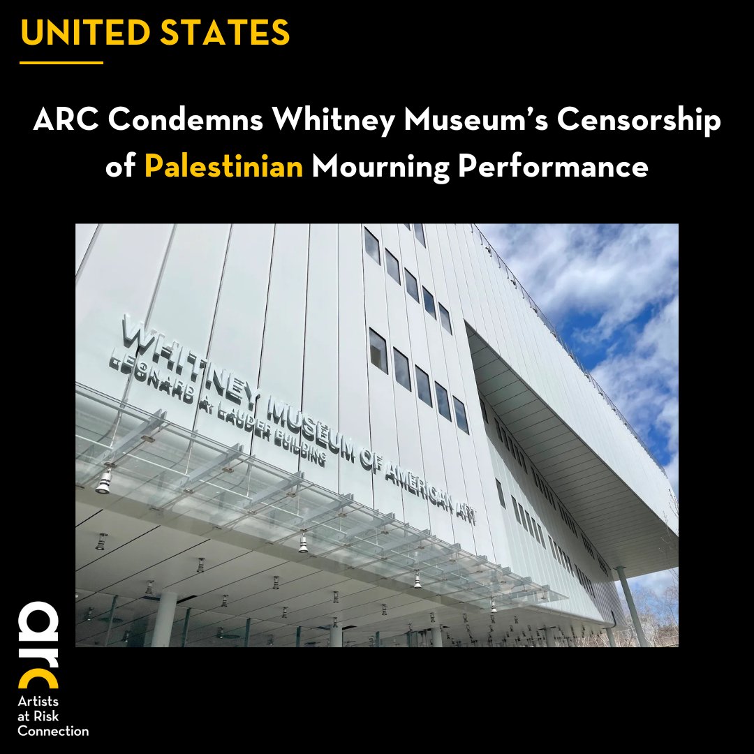 ARC (Artists at Risk Connection) (@atriskartists) on Twitter photo ARC condemns the Whitney Museum’s cancellation of No Aesthetic Outside My Freedom, a vital performance mourning Palestinian lives. This act of censorship echoes the troubling trends we documented with <a href="/MuseumDirectors/">Art Museum Directors</a> & <a href="/PENamerica/">PEN America</a>.🧵👇
artistsatriskconnection.org/statement/arc-…
#ArtisticFreedom ARC condemns the Whitney Museum’s cancellation of No Aesthetic Outside My Freedom, a vital performance mourning Palestinian lives. This act of censorship echoes the troubling trends we documented with <a href="/MuseumDirectors/">Art Museum Directors</a> & <a href="/PENamerica/">PEN America</a>.🧵👇
artistsatriskconnection.org/statement/arc-…
#ArtisticFreedom