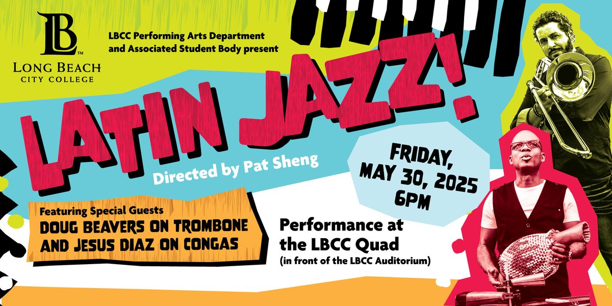 🎷Feel the rhythm and beats of Latin Jazz! 🥁 Join us for an electrifying outdoor concert performance featuring special guests Doug Beavers on trombone and Jesus Diaz on congas! 🎶🔥
🗓️ Date: Friday, May 30, 2025
🕕 Time: 6 PM
📍 Location: LBCC Quad, Liberal Arts Campus