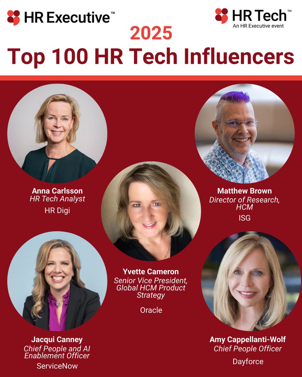 These standout leaders are redefining what’s possible in HR through technology, strategy, and people-first innovation. 

Say hello to a few of this year’s influential voices 👇
 
Matthew Brown, <a href="/AnnaCarlsson2/">Anna Carlsson</a>, <a href="/YvetteCameron/">Yvette Cameron</a>, Jacqui Canney, and Amy Cappellanti-Wolf
#HRTech2025